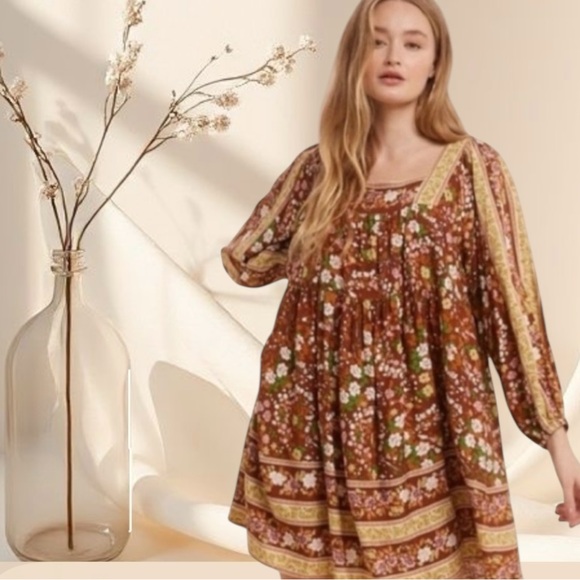 Brown Rust Orange Brown Floral Print Smocked Babydoll Mini Dress - Picture 7 of 8